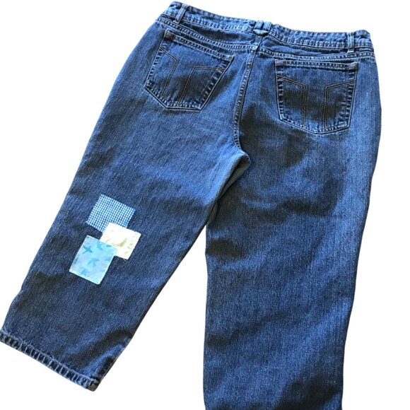 Upcycled Patchwork Capris Jeans: Handmade Summer Picnic Theme Patches, Size 14 - Picture 2 of 10